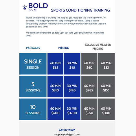 Sports Conditioning Training Price List